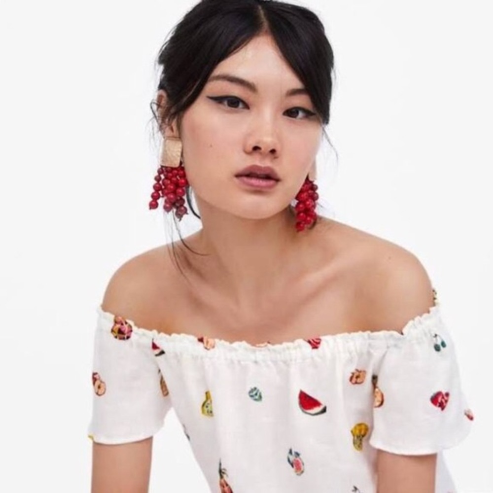 Zara Basic 100% Linen Fruit Print Off The Shoulder Top S